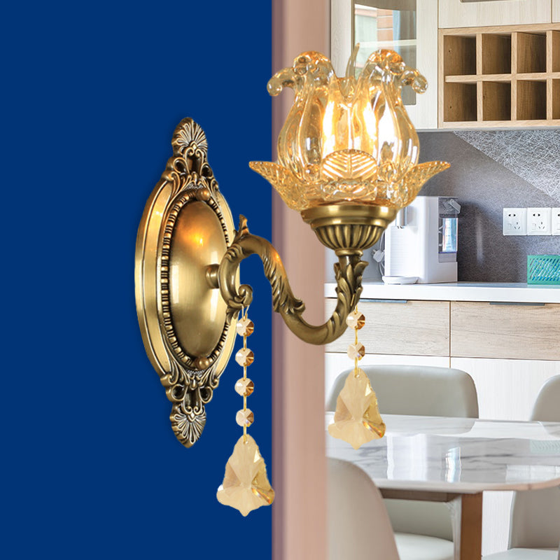 Traditional semi-open flower wall lamp 1/2-light clear glass wall mount lighting in brass