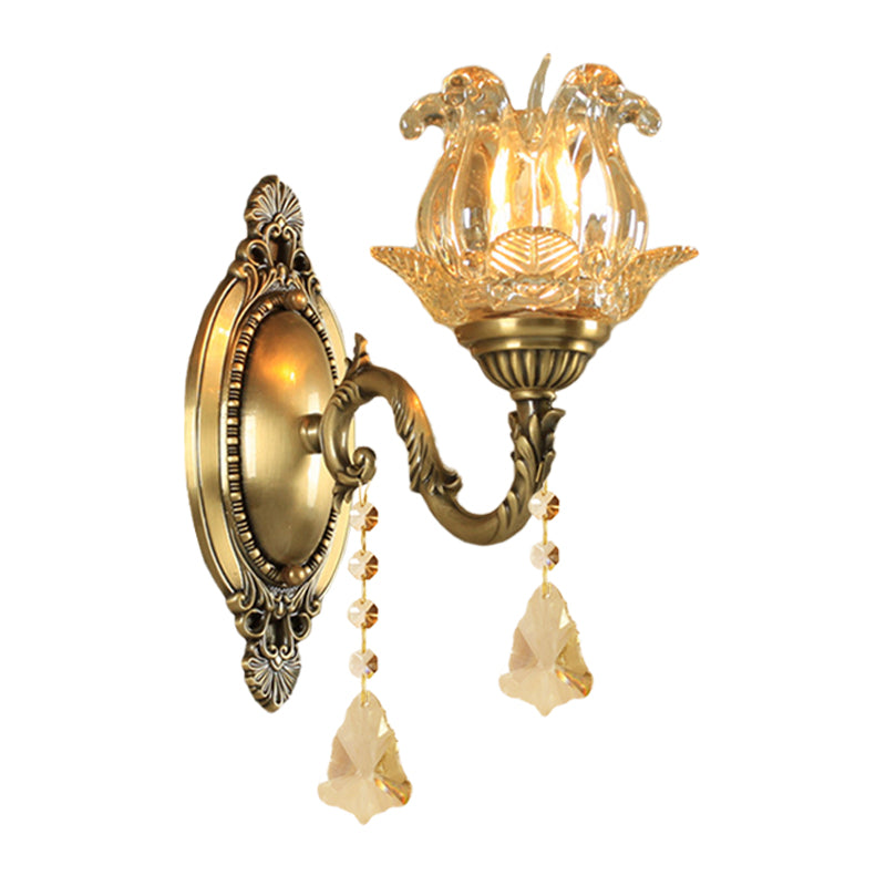 Traditional semi-open flower wall lamp 1/2-light clear glass wall mount lighting in brass