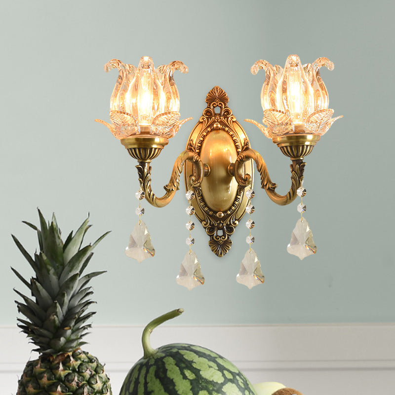 Traditional semi-open flower wall lamp 1/2-light clear glass wall mount lighting in brass