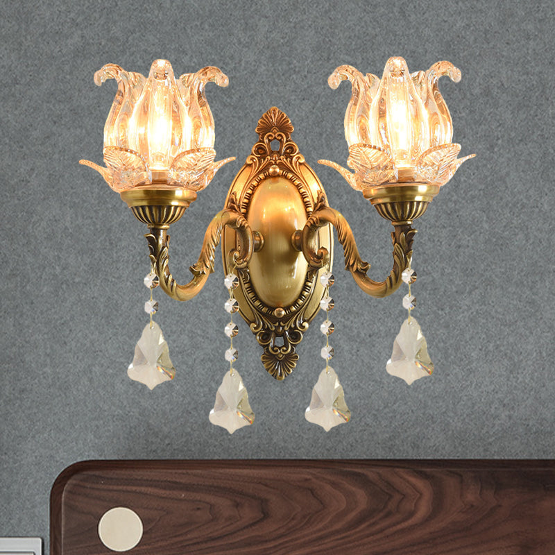 Traditional semi-open flower wall lamp 1/2-light clear glass wall mount lighting in brass