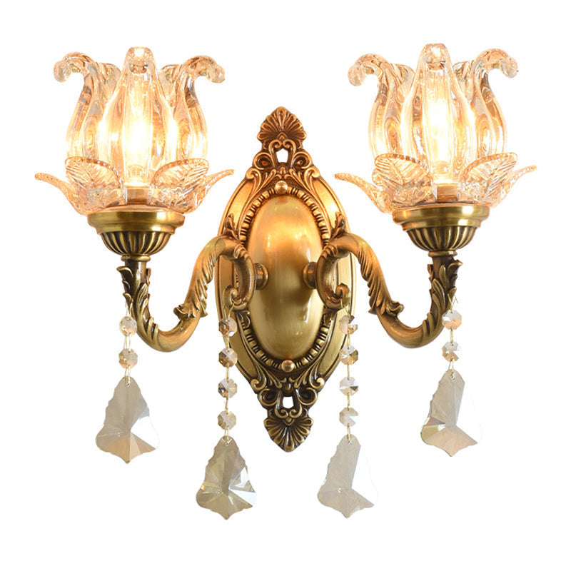 Traditional semi-open flower wall lamp 1/2-light clear glass wall mount lighting in brass