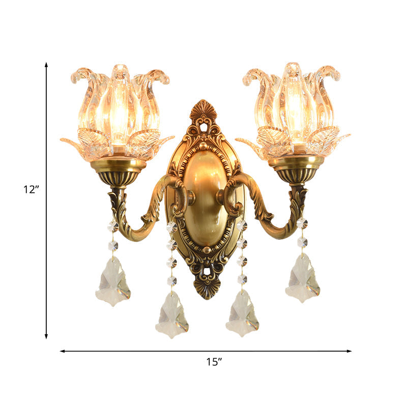 Traditional semi-open flower wall lamp 1/2-light clear glass wall mount lighting in brass