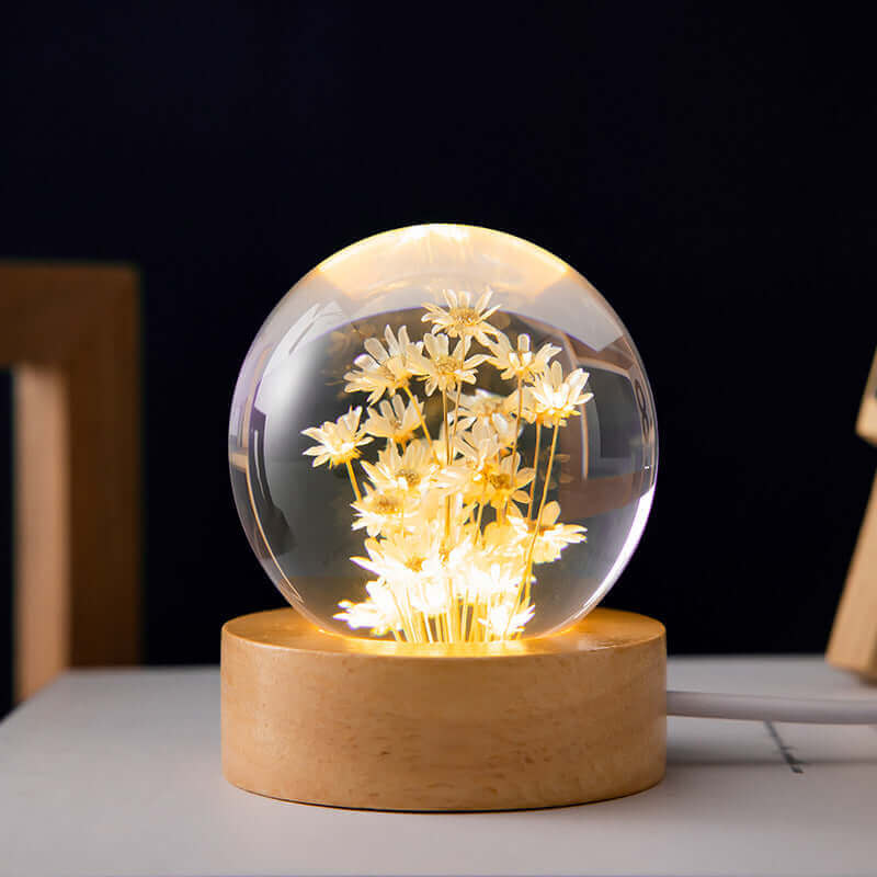 LED Night Lamp Flower Crystal Ball Kids Nightstand Lamp with Wooden Base Bedroom Ambient Light Creative Gift Night Light