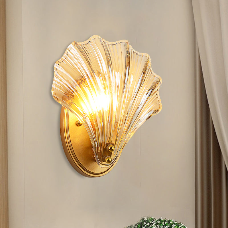 Single curved shell wall lamp country style black/gold ribbed glass wall lamp lighting element