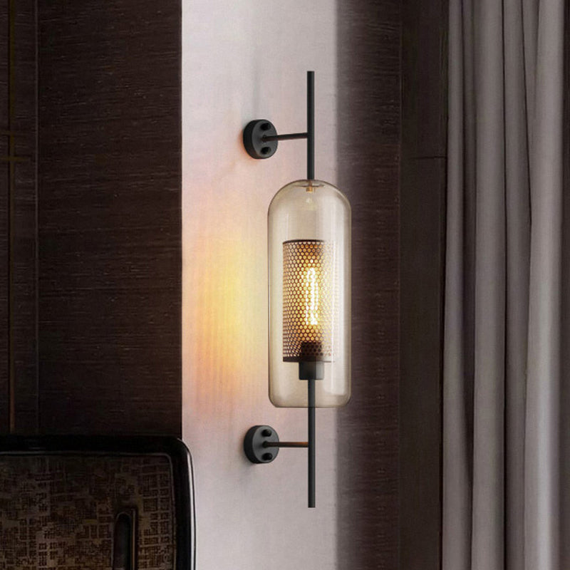 Cognac Glass Black Wall Lamp Rectangular 1 Bulb Colonial Wall Mount Light with Internal Column Sieve, 5"/6" B