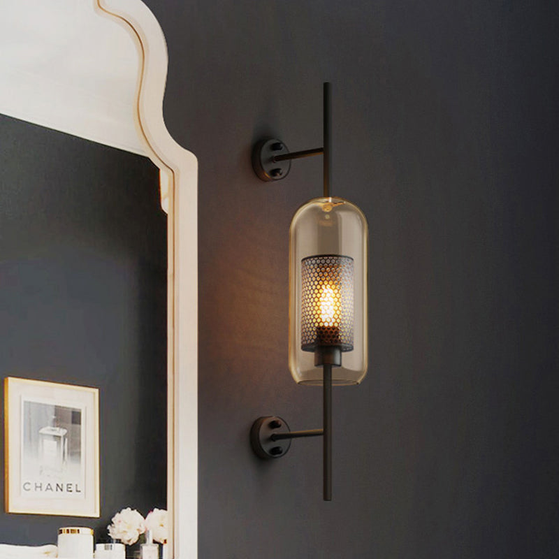 Cognac Glass Black Wall Lamp Rectangular 1 Bulb Colonial Wall Mount Light with Internal Column Sieve, 5"/6" B