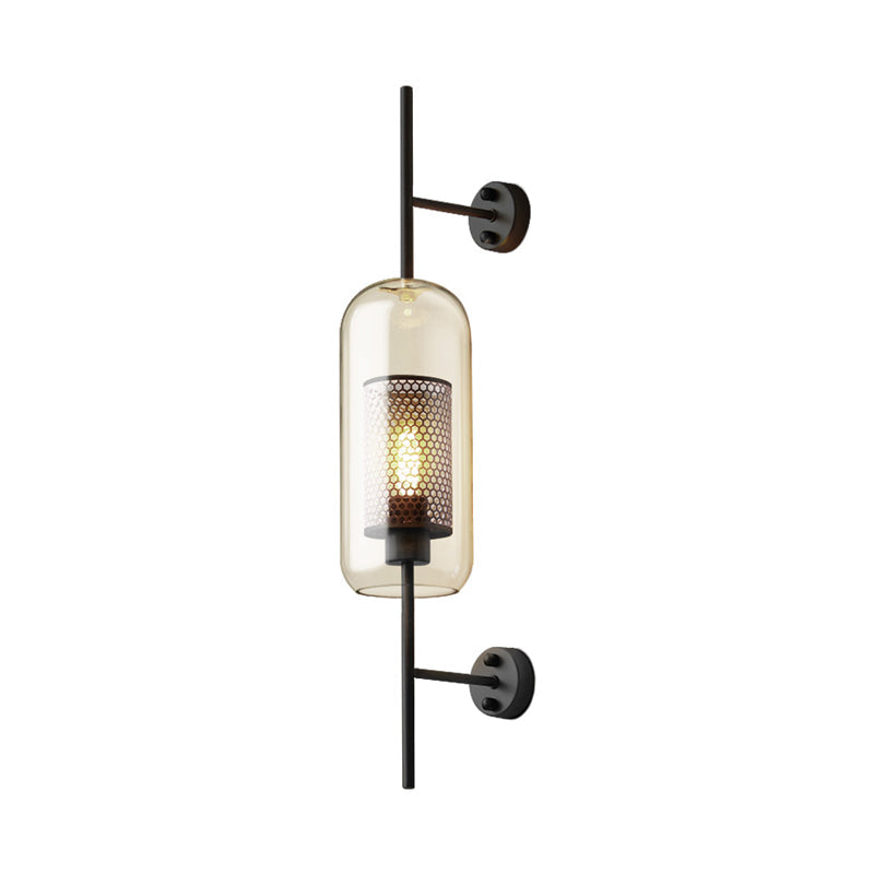 Cognac Glass Black Wall Lamp Rectangular 1 Bulb Colonial Wall Mount Light with Internal Column Sieve, 5"/6" B
