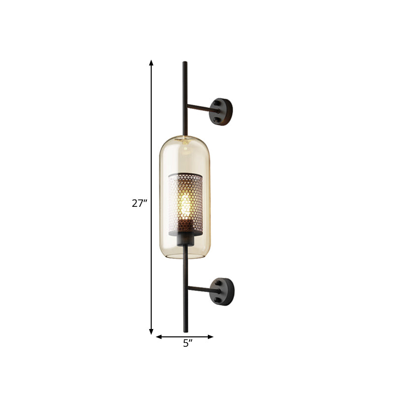 Cognac Glass Black Wall Lamp Rectangular 1 Bulb Colonial Wall Mount Light with Internal Column Sieve, 5"/6" B