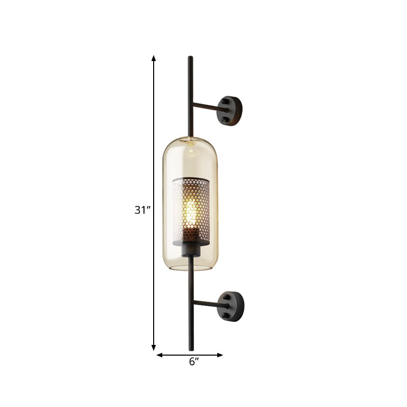 Cognac Glass Black Wall Lamp Rectangular 1 Bulb Colonial Wall Mount Light with Internal Column Sieve, 5"/6" B