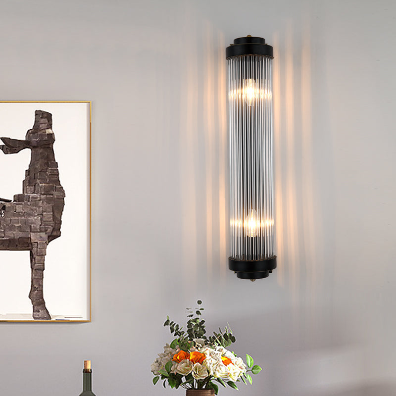 Tube wall lamp modern style clear crystal and metal 2 lights wall lamp in black for nightstand