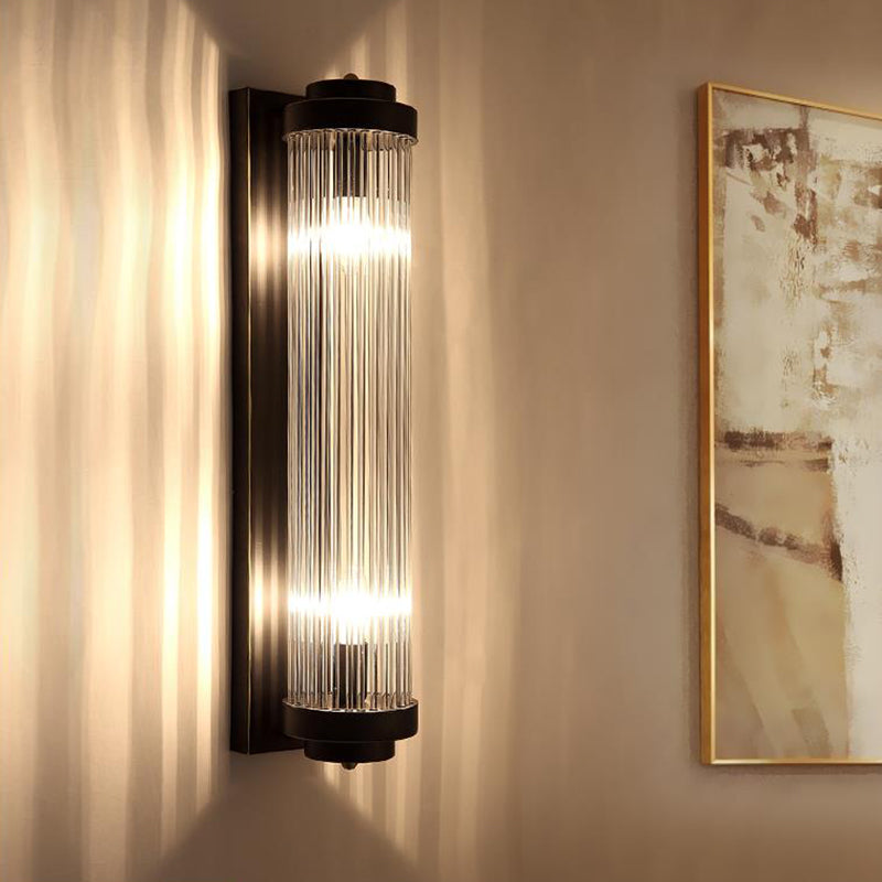 Tube wall lamp modern style clear crystal and metal 2 lights wall lamp in black for nightstand