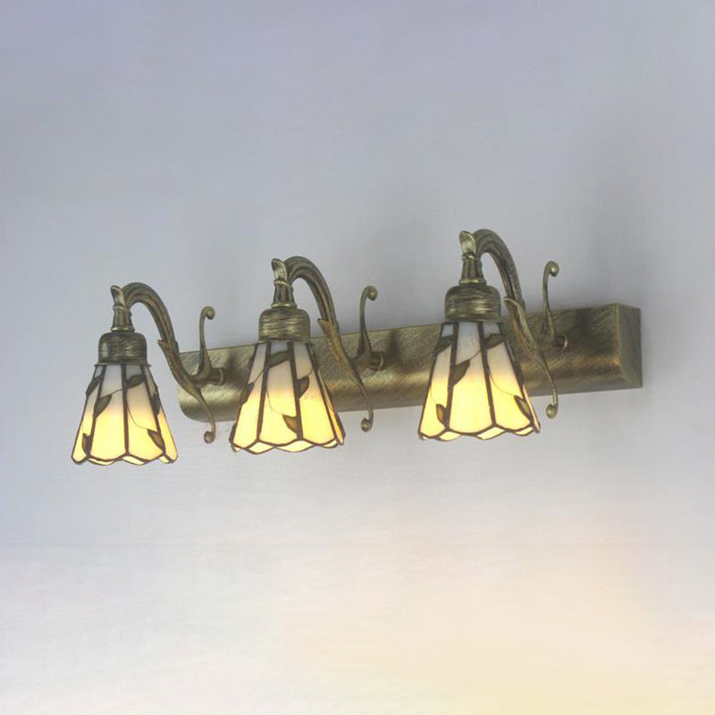3 Heads Leaf Mirror Light Rustic Loft Stained Glass Makeup Mirror Light with Linear Backplate in Copper/Antique Brass/Gold