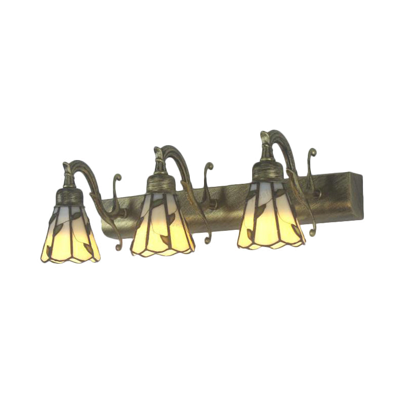 3 Heads Leaf Mirror Light Rustic Loft Stained Glass Makeup Mirror Light with Linear Backplate in Copper/Antique Brass/Gold