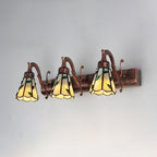 3 Heads Leaf Mirror Light Rustic Loft Stained Glass Makeup Mirror Light with Linear Backplate in Copper/Antique Brass/Gold