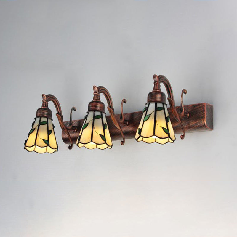 3 Heads Leaf Mirror Light Rustic Loft Stained Glass Makeup Mirror Light with Linear Backplate in Copper/Antique Brass/Gold