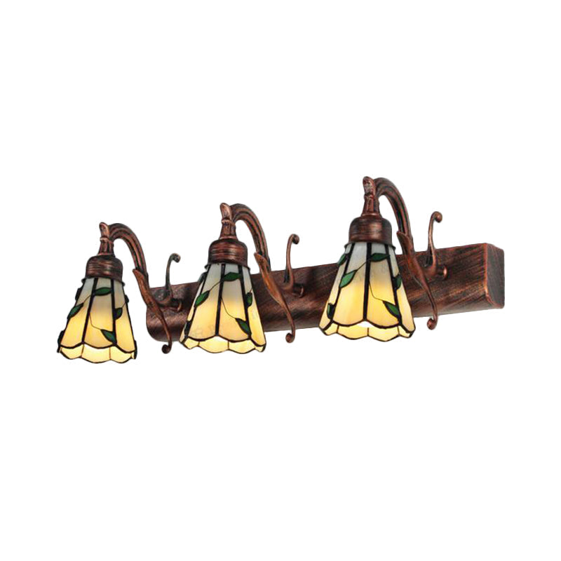 3 Heads Leaf Mirror Light Rustic Loft Stained Glass Makeup Mirror Light with Linear Backplate in Copper/Antique Brass/Gold