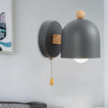 Nordic Small Dome Drawstring Wall Lamp Iron 1 Lamp Bedroom Wall Mount Lighting in Gray with Wooden Detail