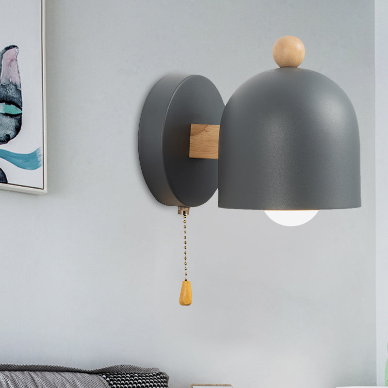 Nordic Small Dome Drawstring Wall Lamp Iron 1 Lamp Bedroom Wall Mount Lighting in Gray with Wooden Detail
