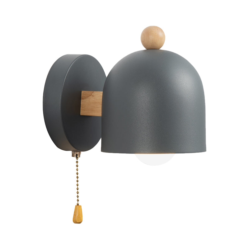 Nordic Small Dome Drawstring Wall Lamp Iron 1 Lamp Bedroom Wall Mount Lighting in Gray with Wooden Detail