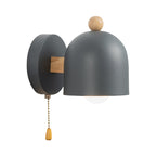 Nordic Small Dome Drawstring Wall Lamp Iron 1 Lamp Bedroom Wall Mount Lighting in Gray with Wooden Detail