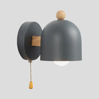 Nordic Small Dome Drawstring Wall Lamp Iron 1 Lamp Bedroom Wall Mount Lighting in Gray with Wooden Detail
