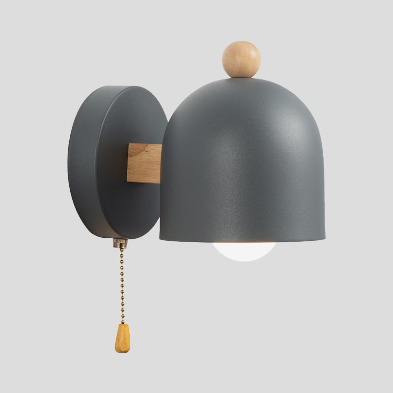 Nordic Small Dome Drawstring Wall Lamp Iron 1 Lamp Bedroom Wall Mount Lighting in Gray with Wooden Detail