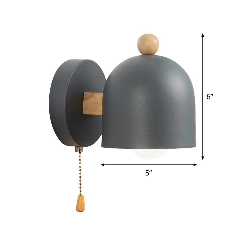 Nordic Small Dome Drawstring Wall Lamp Iron 1 Lamp Bedroom Wall Mount Lighting in Gray with Wooden Detail