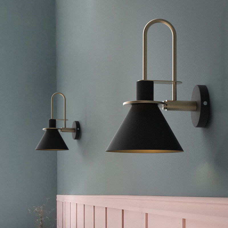Black/White/Green Cone Wall Lamp Macaron 1-Light Metal Wall Mounted Lamp with Curved Arm for the Bedroom, Warm/White Light