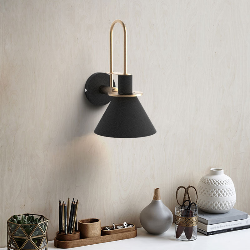 Black/White/Green Cone Wall Lamp Macaron 1-Light Metal Wall Mounted Lamp with Curved Arm for the Bedroom, Warm/White Light