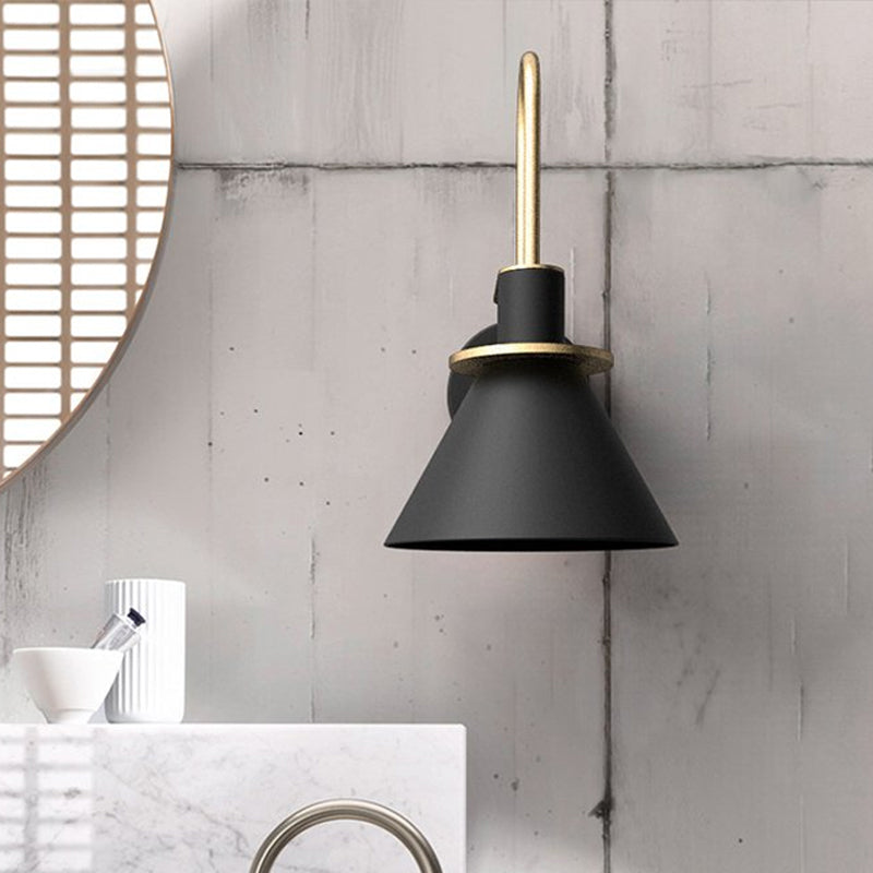 Black/White/Green Cone Wall Lamp Macaron 1-Light Metal Wall Mounted Lamp with Curved Arm for the Bedroom, Warm/White Light