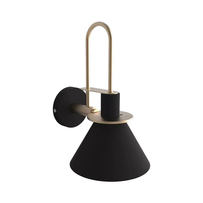 Black/White/Green Cone Wall Lamp Macaron 1-Light Metal Wall Mounted Lamp with Curved Arm for the Bedroom, Warm/White Light