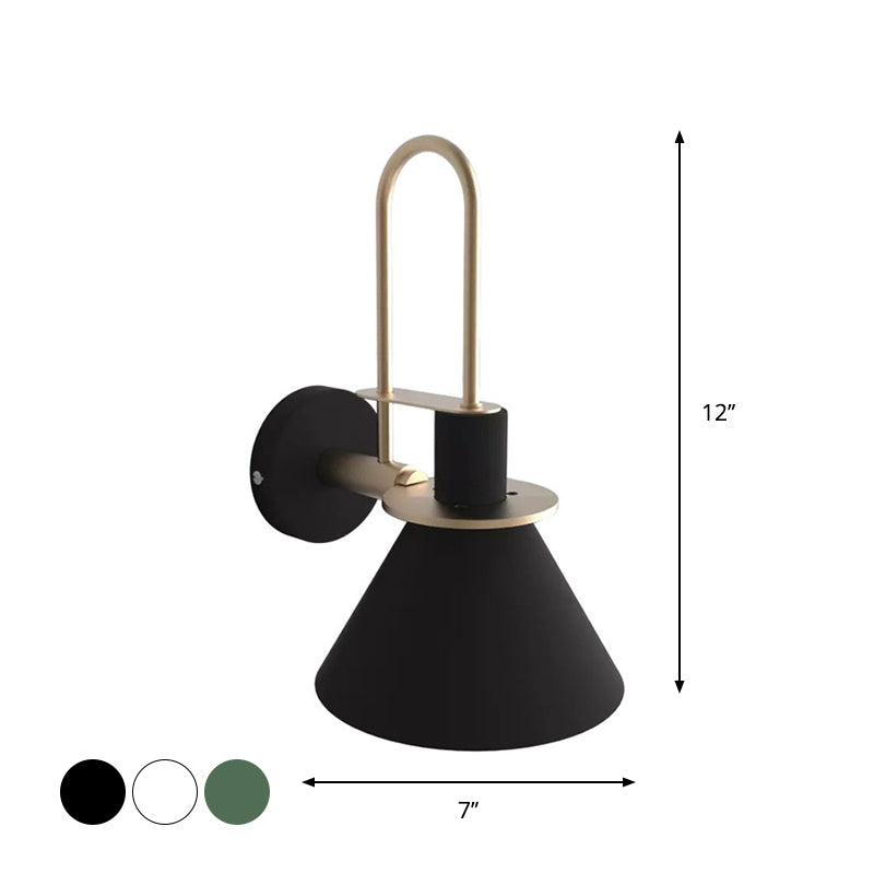 Black/White/Green Cone Wall Lamp Macaron 1-Light Metal Wall Mounted Lamp with Curved Arm for the Bedroom, Warm/White Light