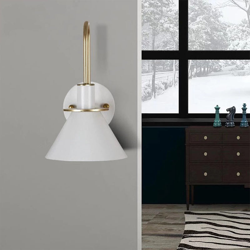 Black/White/Green Cone Wall Lamp Macaron 1-Light Metal Wall Mounted Lamp with Curved Arm for the Bedroom, Warm/White Light