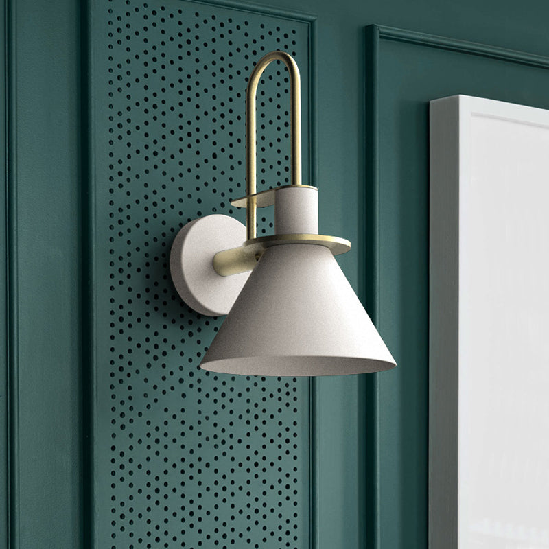 Black/White/Green Cone Wall Lamp Macaron 1-Light Metal Wall Mounted Lamp with Curved Arm for the Bedroom, Warm/White Light