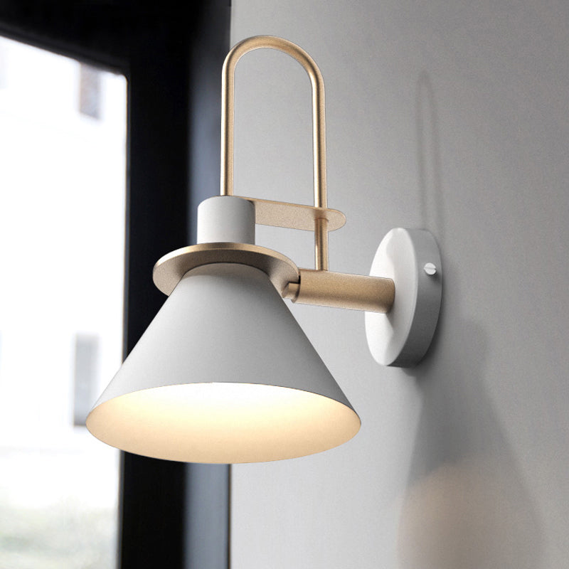 Black/White/Green Cone Wall Lamp Macaron 1-Light Metal Wall Mounted Lamp with Curved Arm for the Bedroom, Warm/White Light