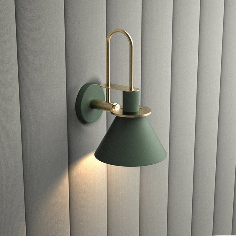 Black/White/Green Cone Wall Lamp Macaron 1-Light Metal Wall Mounted Lamp with Curved Arm for the Bedroom, Warm/White Light
