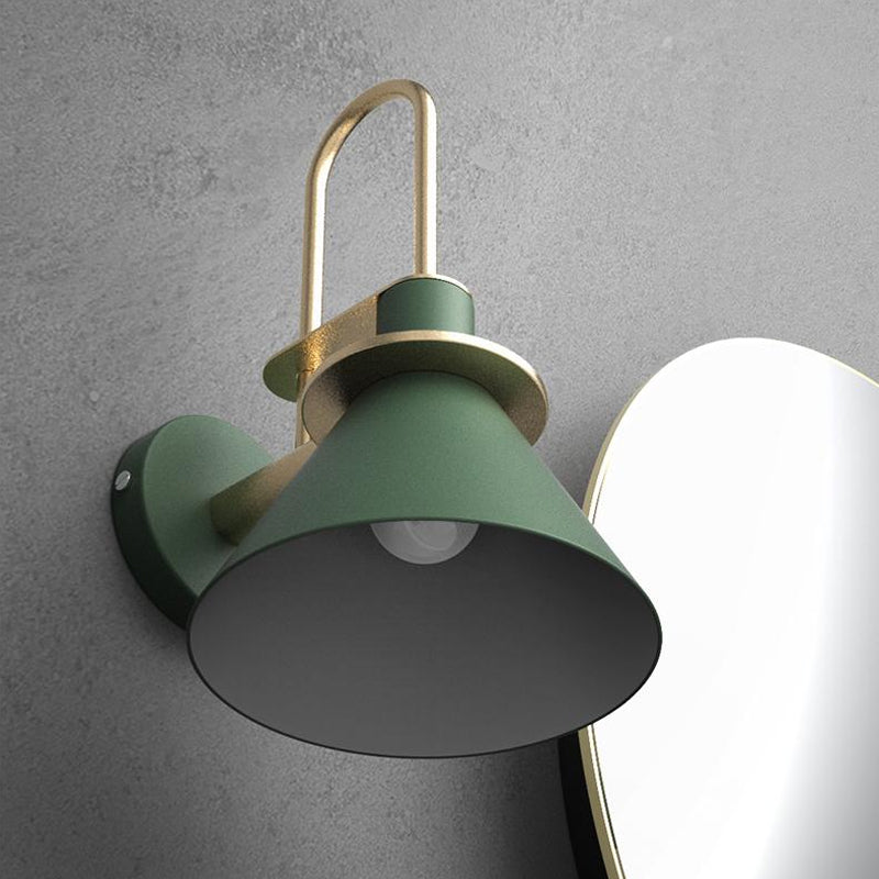 Black/White/Green Cone Wall Lamp Macaron 1-Light Metal Wall Mounted Lamp with Curved Arm for the Bedroom, Warm/White Light