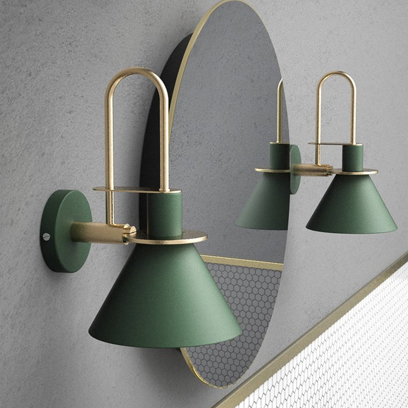 Black/White/Green Cone Wall Lamp Macaron 1-Light Metal Wall Mounted Lamp with Curved Arm for the Bedroom, Warm/White Light