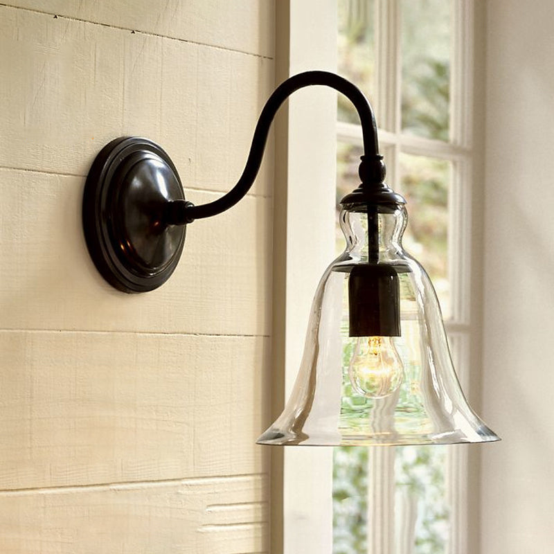 Vintage Gooseneck Wall Mount Light Single Bulb Clear Outward Glass Wall Lighting in Black