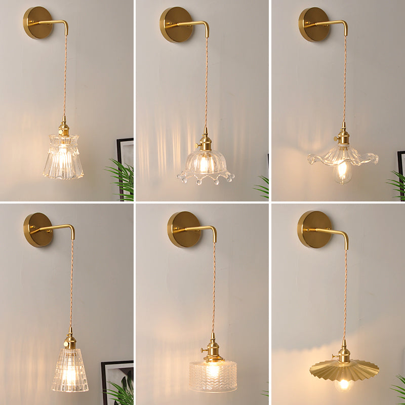 Bowl/Cylinder Nightstand Wall Lighting Antique Clear Prism/Wave Glass 1 Bulb Brass Wall Lamp with Rotary Switch