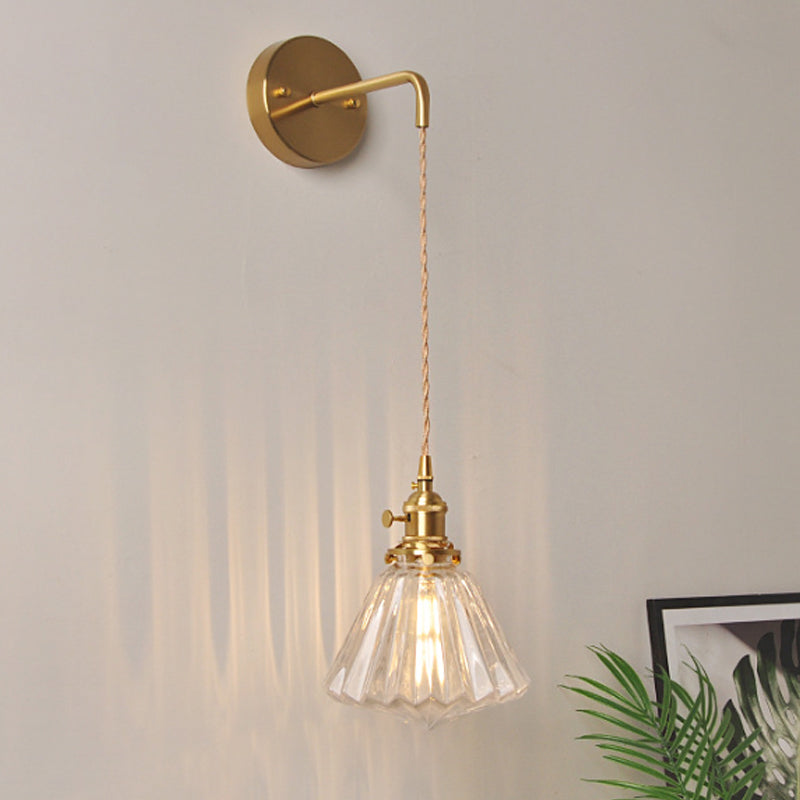 Bowl/Cylinder Nightstand Wall Lighting Antique Clear Prism/Wave Glass 1 Bulb Brass Wall Lamp with Rotary Switch