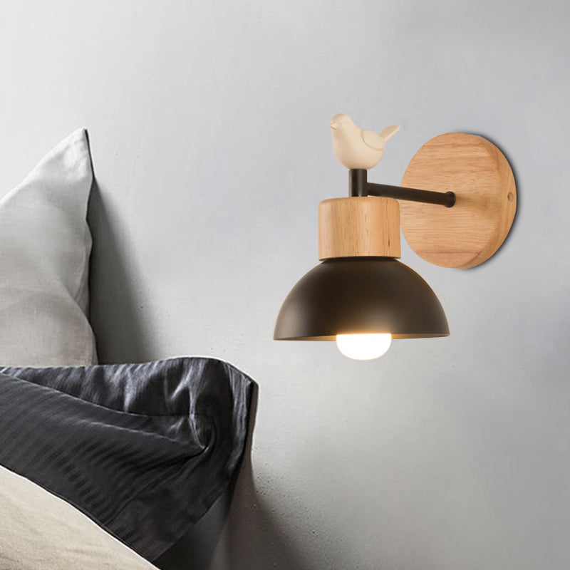 Nordic Style Wall Lamp Dome 1 Light Metal & Wood with Bird for Kids Room