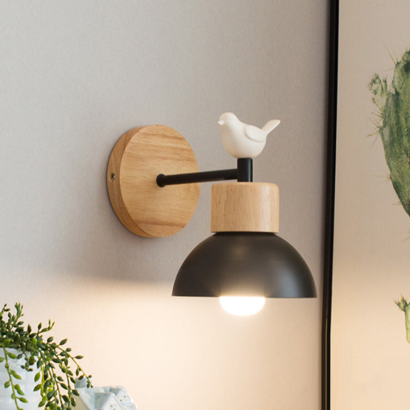 Nordic Style Wall Lamp Dome 1 Light Metal & Wood with Bird for Kids Room