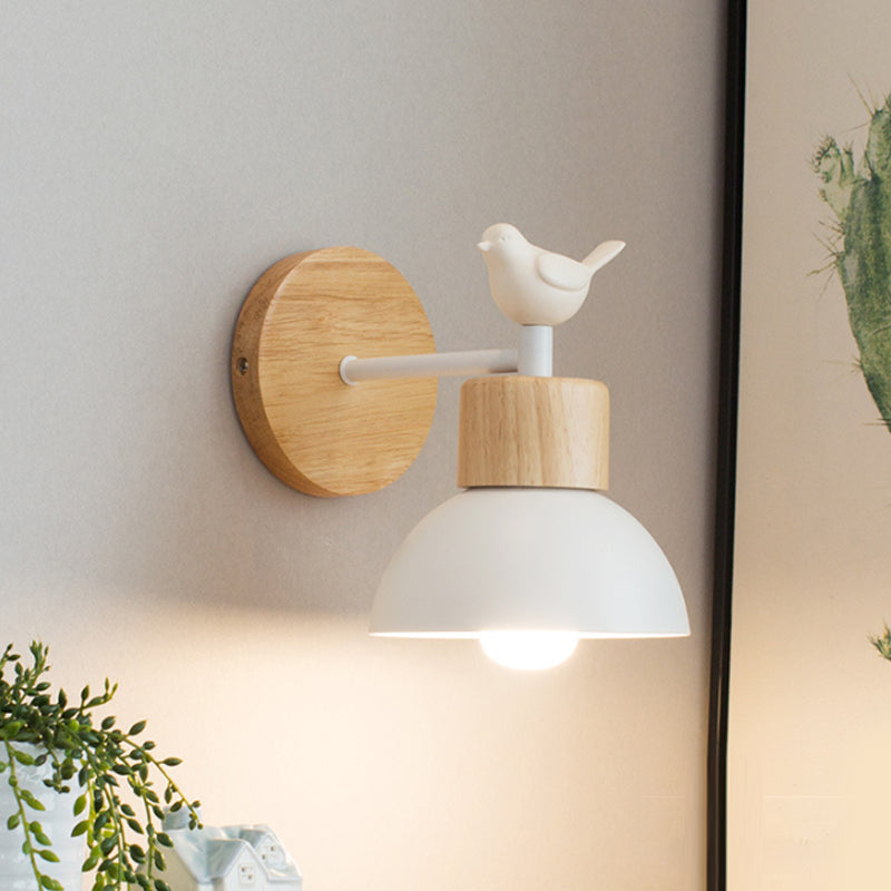 Nordic Style Wall Lamp Dome 1 Light Metal & Wood with Bird for Kids Room