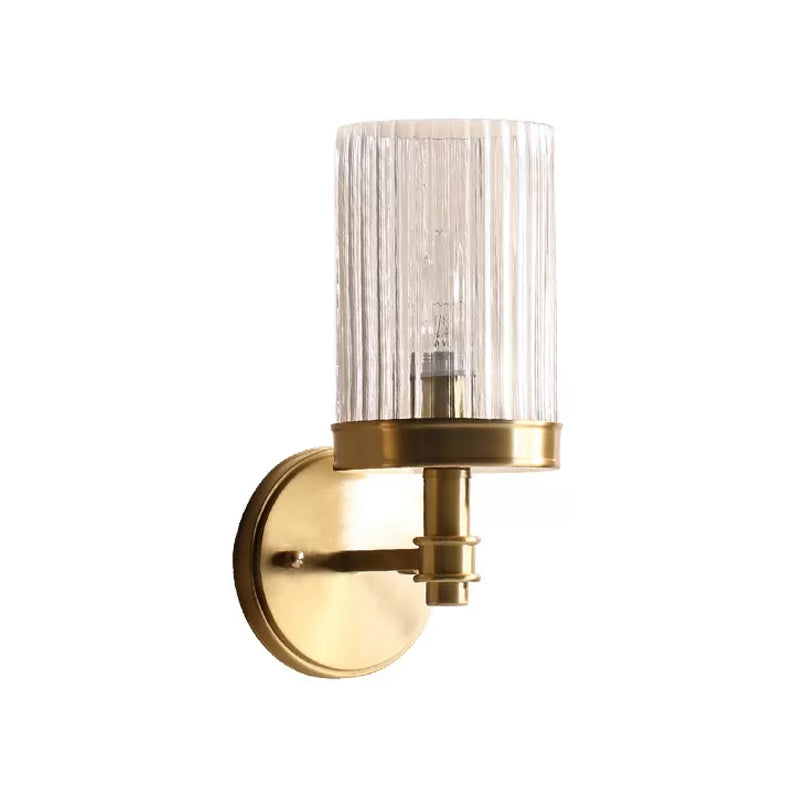 1-Light Wall-Mounted Lamp Traditional Cylinder Transparent Glass Wall Light in Brown/Gold above Bed