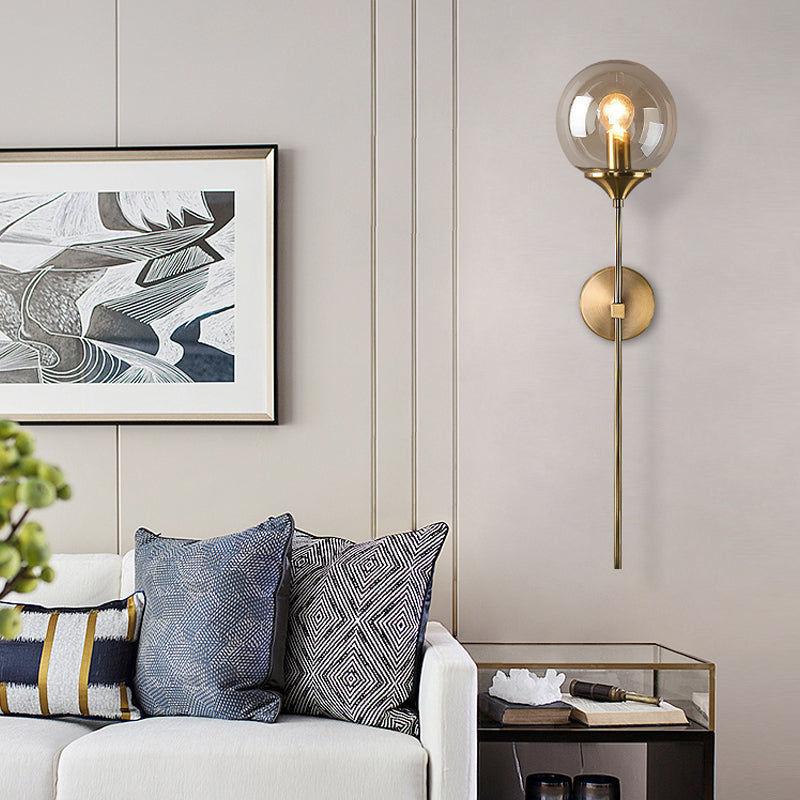 Ball Shadow Pencil Arm Wall Light Postmodern Clear/Amber/Smoke Gray Glass Single Brass Wall Mounted Lamp