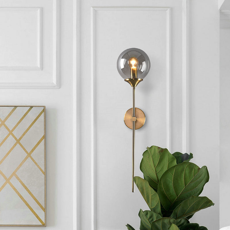 Ball Shadow Pencil Arm Wall Light Postmodern Clear/Amber/Smoke Gray Glass Single Brass Wall Mounted Lamp