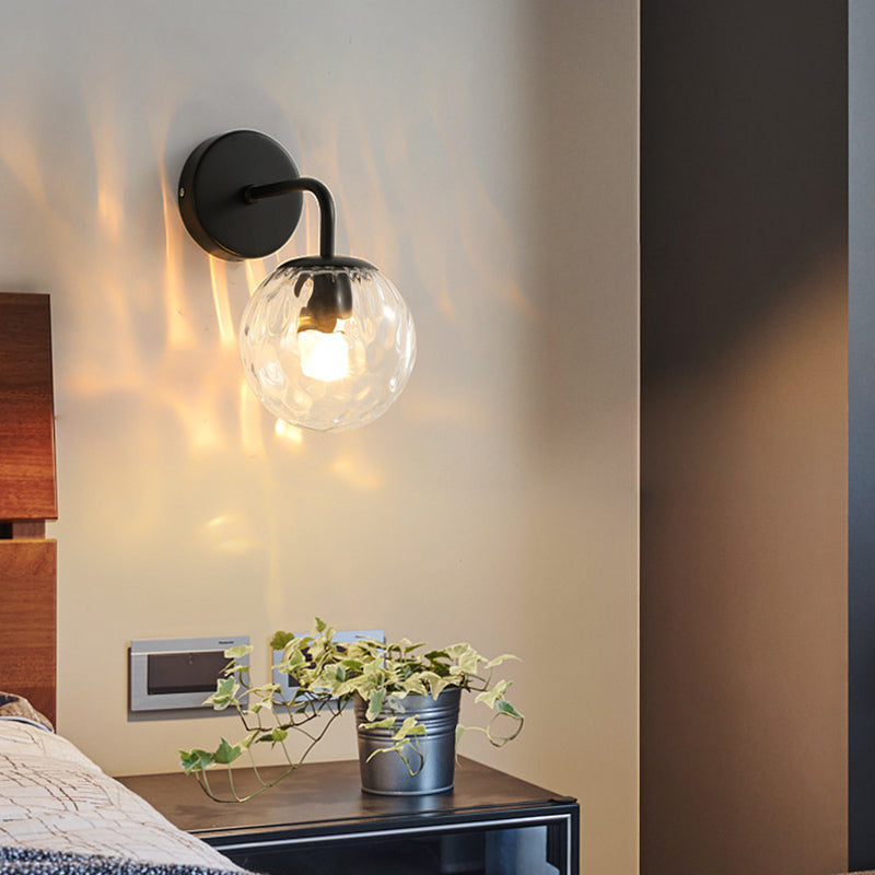 Ball-shaped wall lamp minimalist clear wave glass 1-light bedroom wall-mounted lighting with curved arm in black/gold
