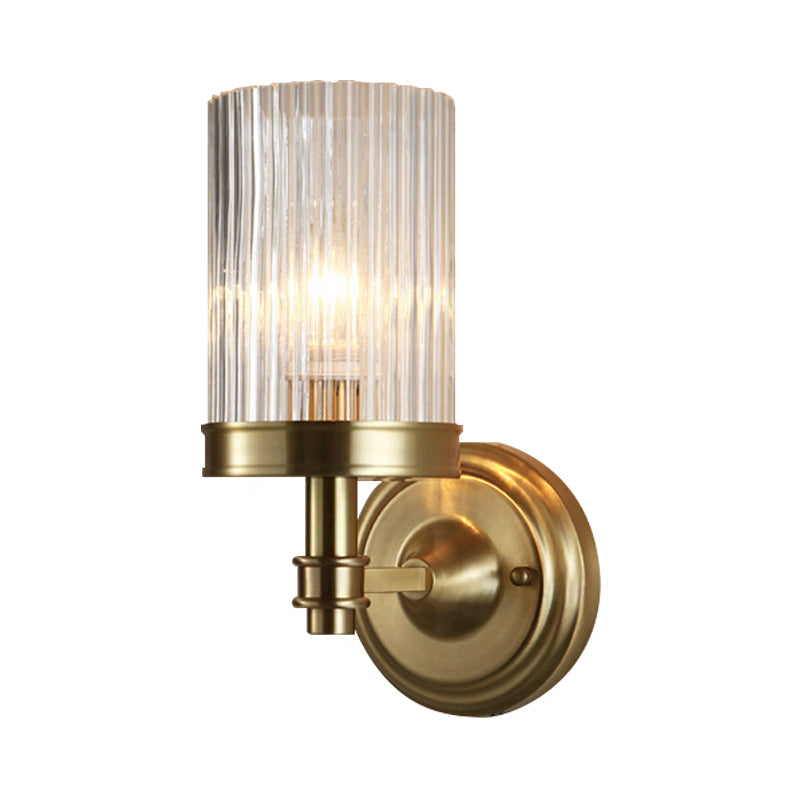 Cylinder Wall Lamp Vintage Stylish Clear Ribbed Glass 1 Bulb Black/Golden Finish Wall Lamp for the Living Room