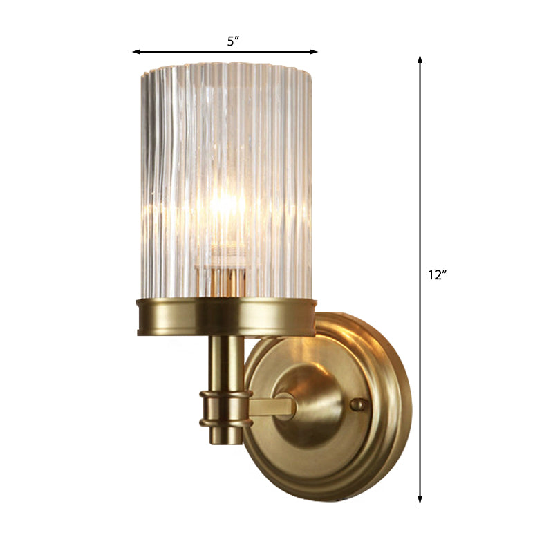 Cylinder Wall Lamp Vintage Stylish Clear Ribbed Glass 1 Bulb Black/Golden Finish Wall Lamp for the Living Room